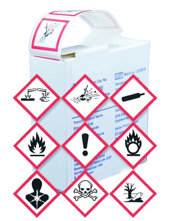 Étiquettes autocollantes 26x26 mm - Substances dangereuses  SGH01 à SGH09 - Boîte de 500