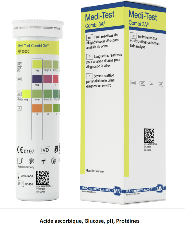 Bandelettes test urinaire : Acide ascorbique - Glucose - pH - Protéines - 50 bandelettes