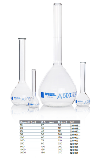 Fiole jaugée non bouchée à col lisse - MBL® - Classe A