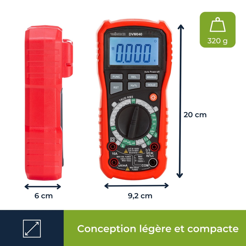 Multimètre compact à calibres manuels TRMS RLC DVM040