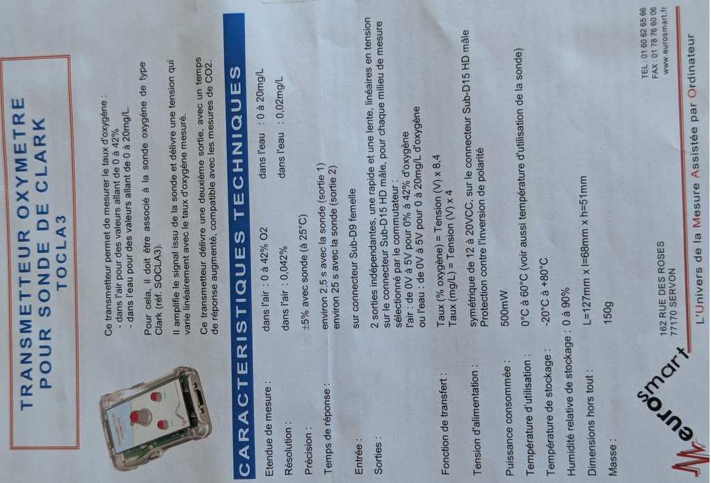 Transmetteur oxymètre O2 TOCLA3 - Eurosmart