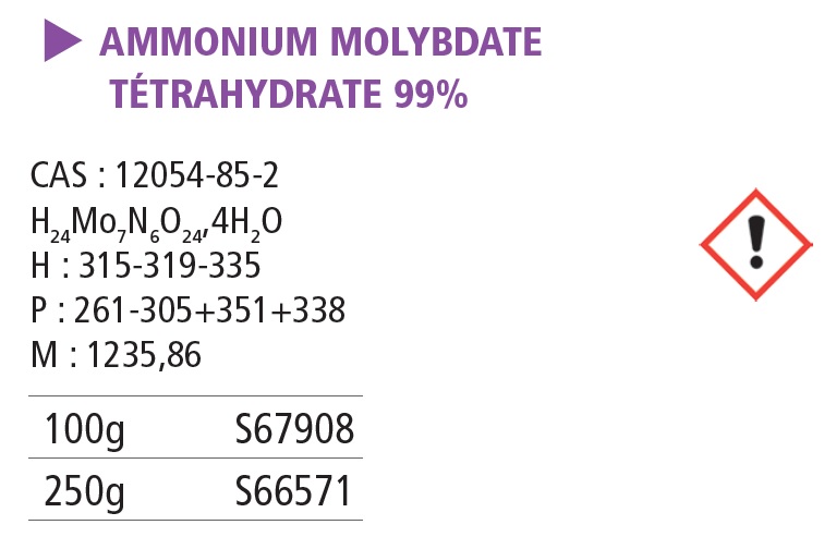 Ammonium molybdate tétrahydraté 99% - 250 g