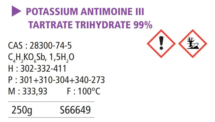 Potassium antimoine III tartrate trihydraté 98% - 250 g
