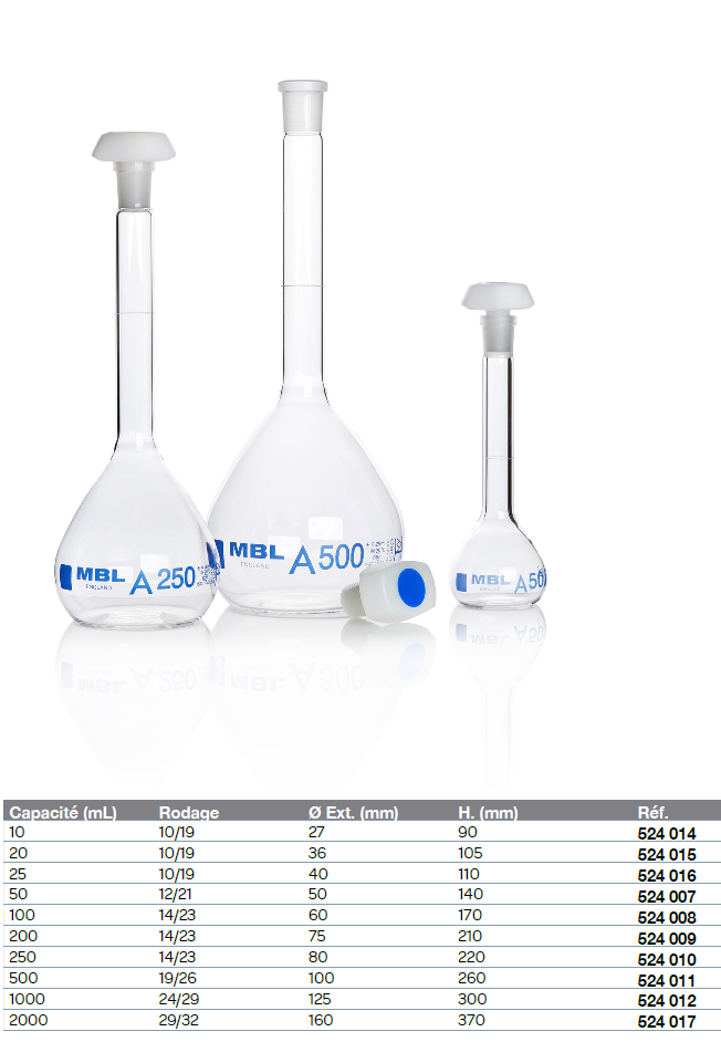 Fiole jaugée bouchée à col rodé - MBL® - Classe A