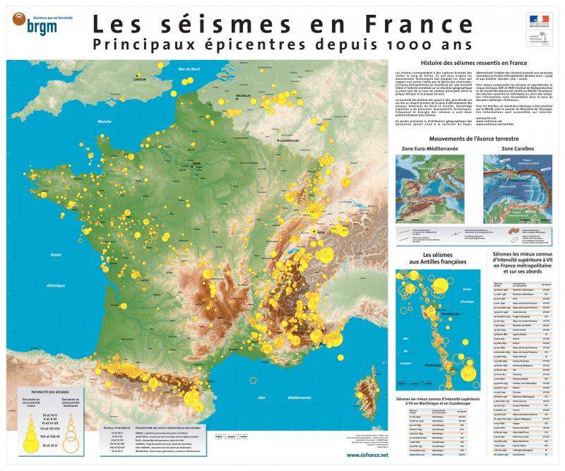 Carte séismes en France - Principaux épicentres
