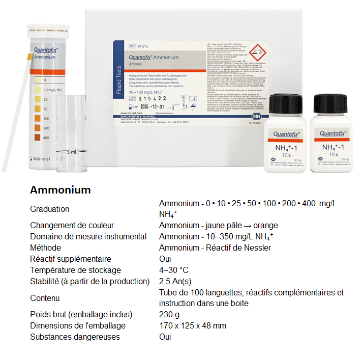 [910400-S61315] Bandelettes de test d'espèces chimiques en solution (Ammonium x 100)