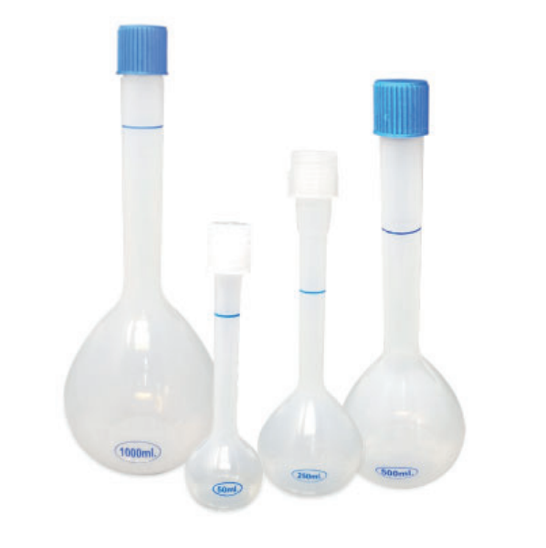 Fiole jaugée incassable en polypropylène avec bouchon vissant