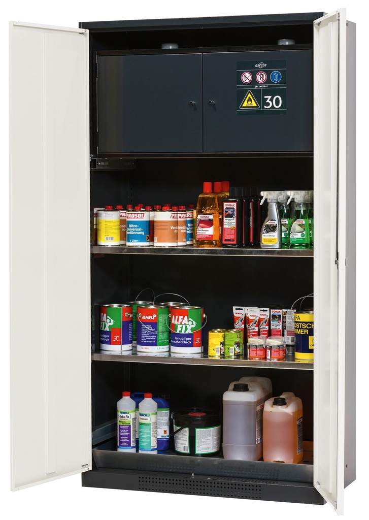 [S68915] Armoire de sécurité avec box 30 min pour produits inflammables intégré (Série CS-Classic-F) - 1950x1055x520 mm - Asecos (Armoire portes battantes blanches vitrées - 2 étagères)