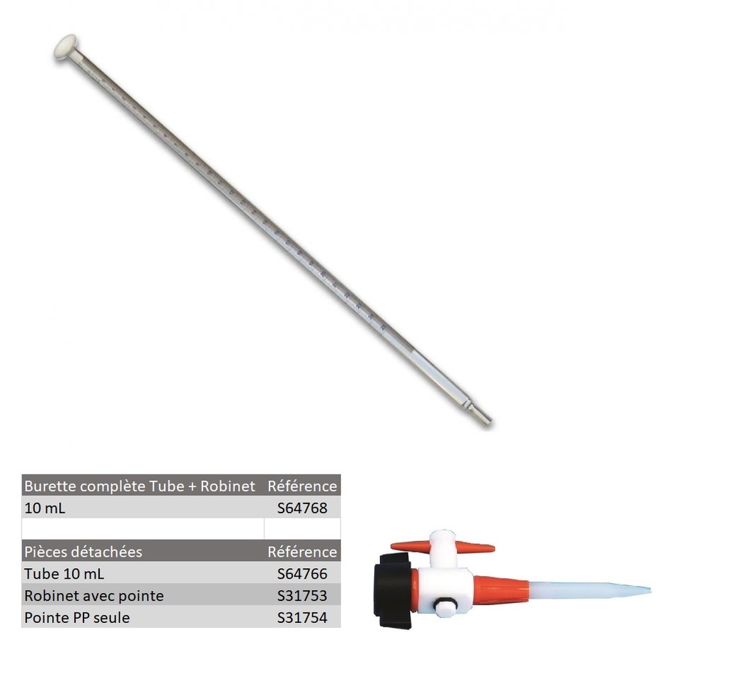 [S64768] Burette de Mohr démontable avec robinet téflon (Ensemble complet burette de Mohr démontable - 10 mL)