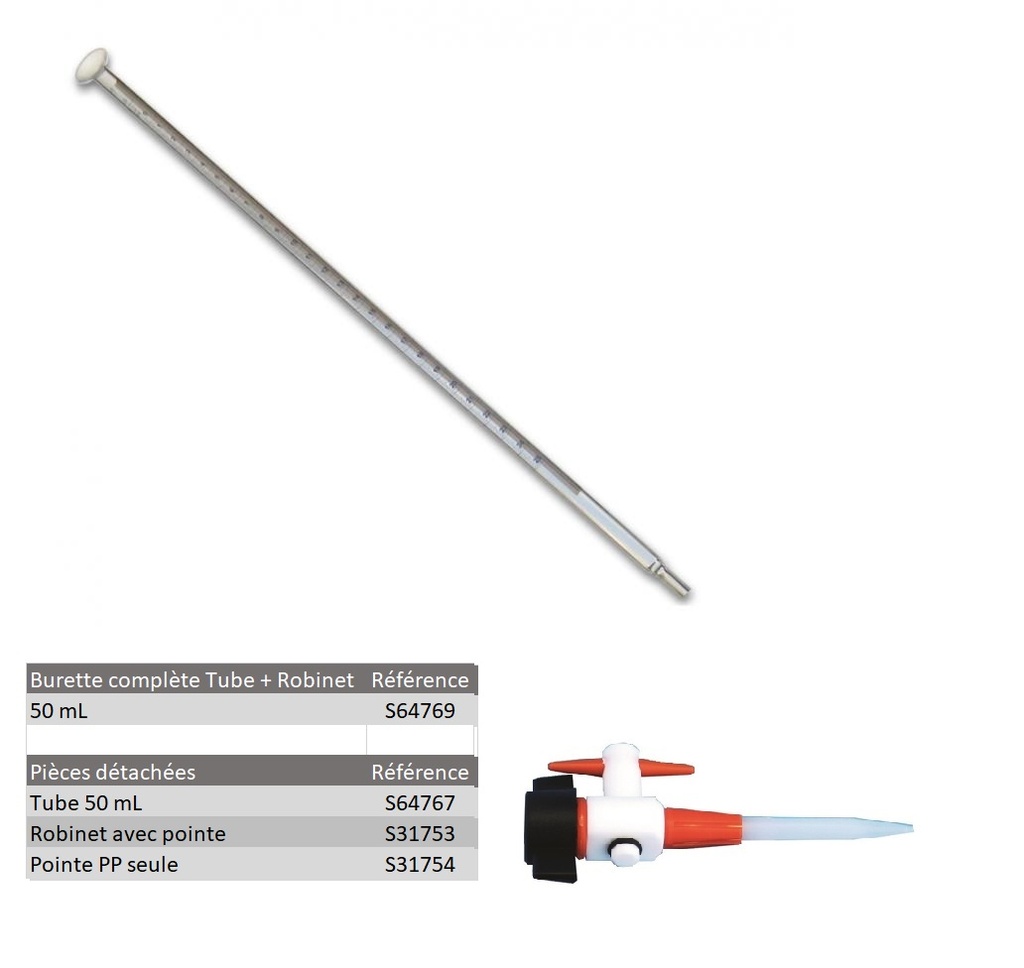 Burette de Mohr démontable avec robinet téflon