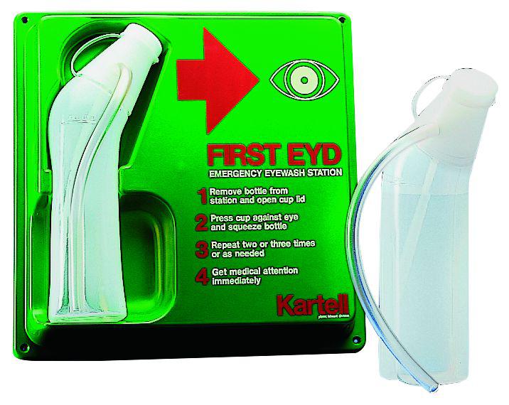 Ensemble flacon rince-œil de sécurité et support mural  