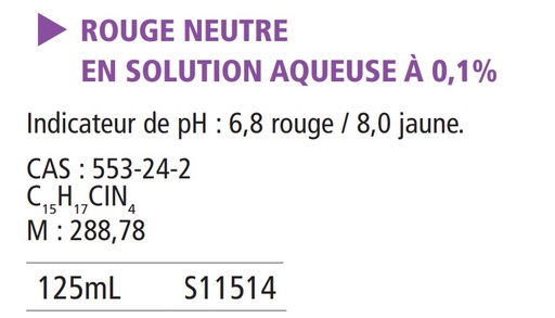 [911152-S11514] Rouge neutre en solution aqueuse 0.1%  - 125 mL