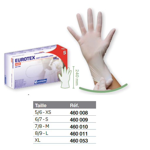 Gants de protection ambidextre à usage unique poudrés en latex (boîte de 100)