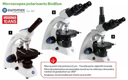 Microscope polarisant Monoculaire Binoculaire ou Trinoculaire BioBlue - Euromex