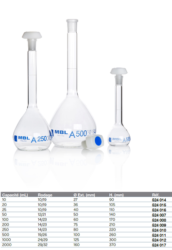 Fiole jaugée bouchée à col rodé - MBL® - Classe A